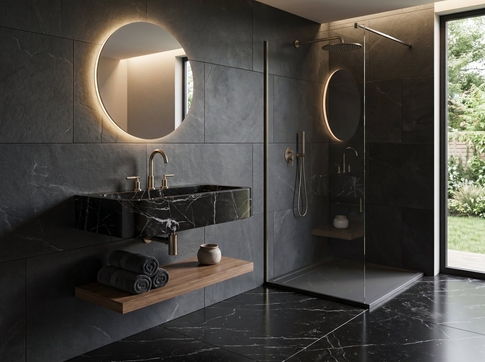 Modern bathroom with dark tiles, a round mirror, and a shower area.