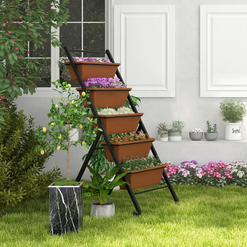 5-Tier Vertical Raised Garden Bed with Wheels and Container Boxes-Brown by DirectDeals