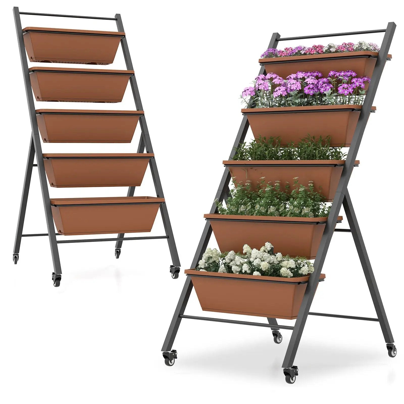 5-Tier Vertical Raised Garden Bed with Wheels and Container Boxes-Brown by DirectDeals