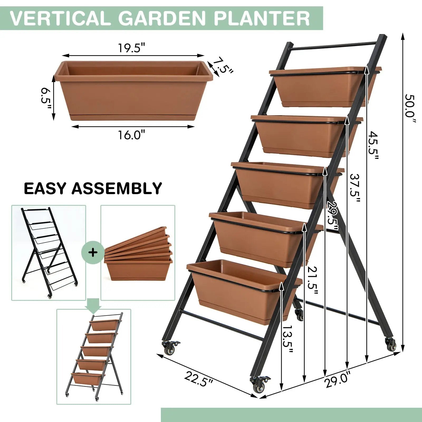 5-Tier Vertical Raised Garden Bed with Wheels and Container Boxes-Brown by DirectDeals