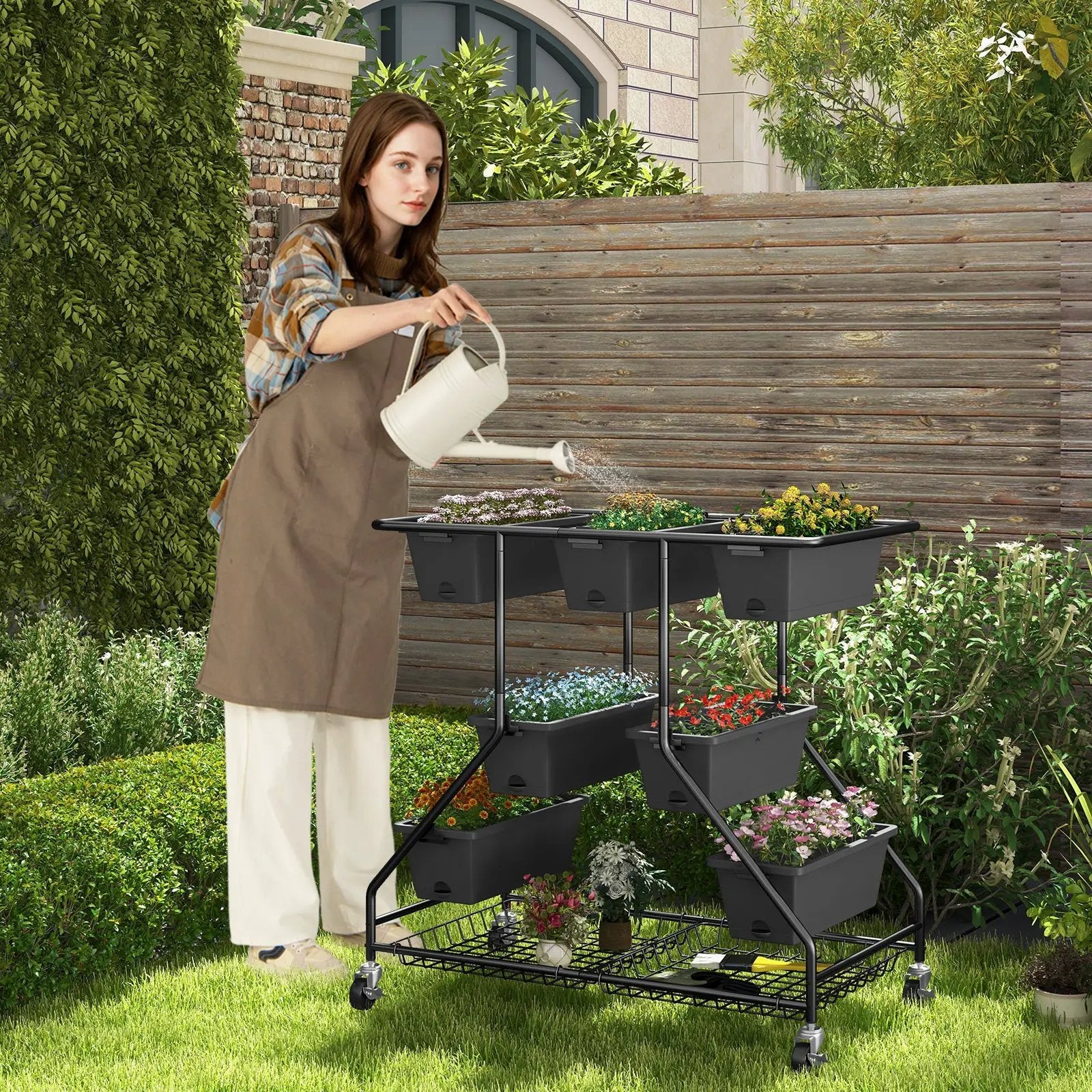 Vertical Raised Garden Bed with 7 Planter Boxes and Storage Baskets-Black by DirectDeals