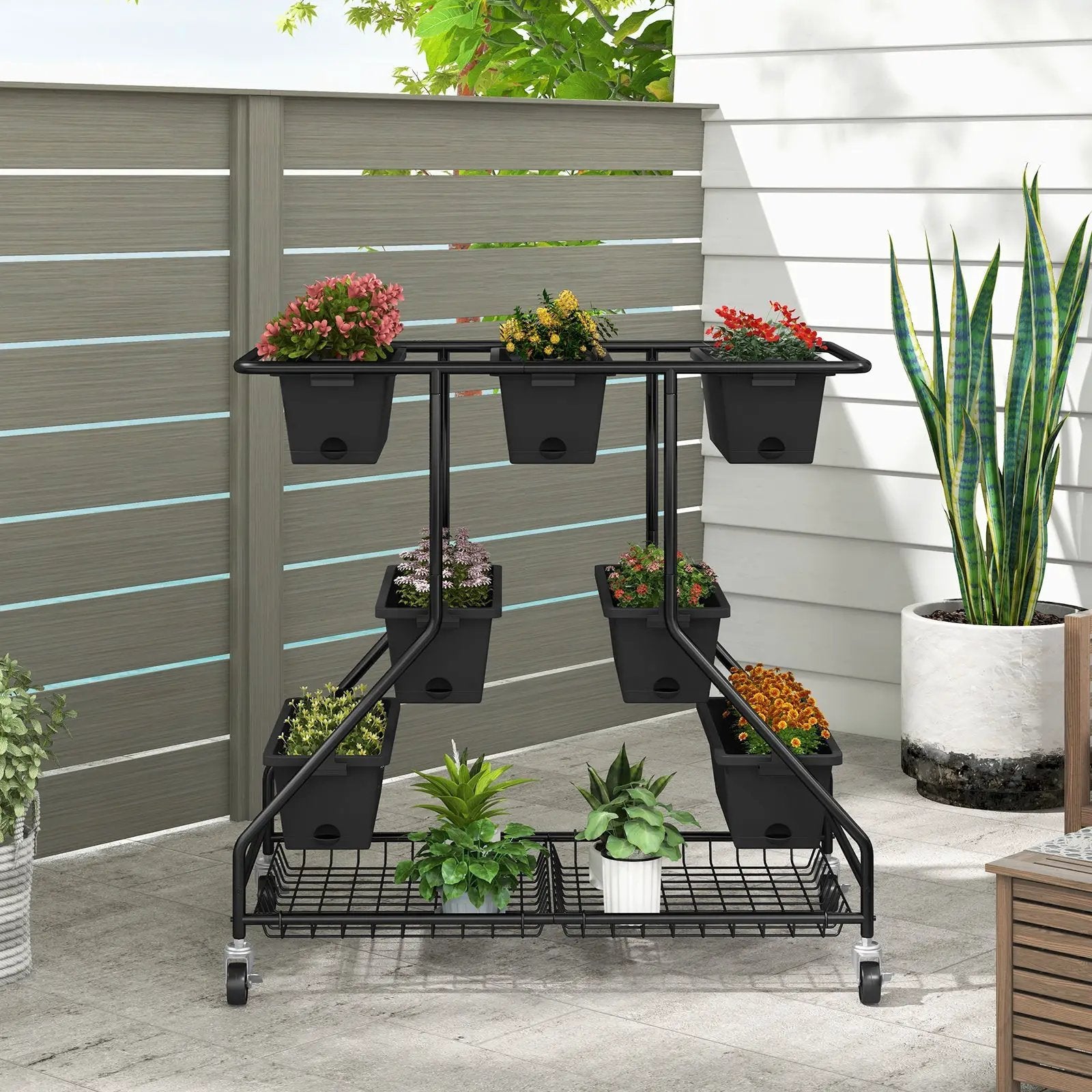 Vertical Raised Garden Bed with 7 Planter Boxes and Storage Baskets-Black by DirectDeals