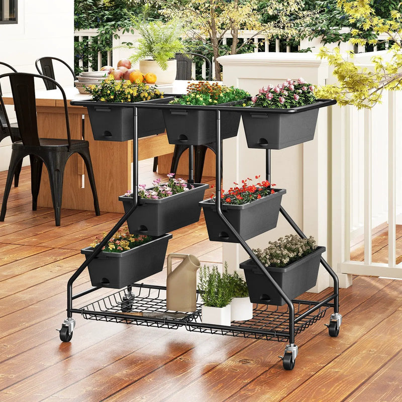 Vertical Raised Garden Bed with 7 Planter Boxes and Storage Baskets-Black by DirectDeals