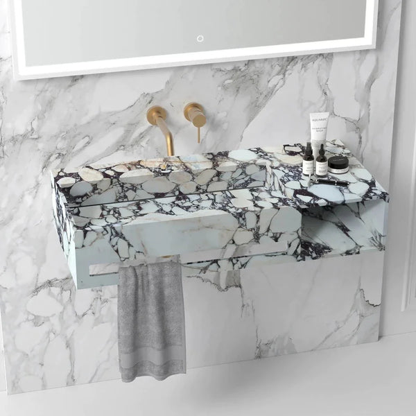 Calacatta Viola Marble Wall Mount Bathroom Sink 37 inch - Towel Holder and Shelf