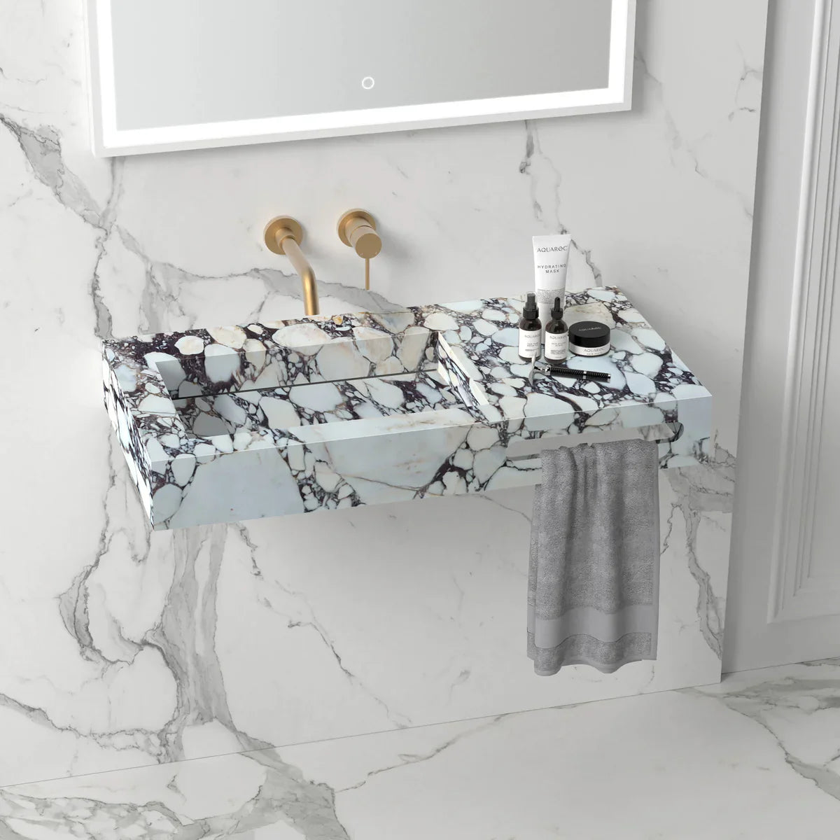 Calacatta Viola Handcrafted Marble Wall Mount Bathroom Sink - Hidden Drain Towel Holder by GobekDesign