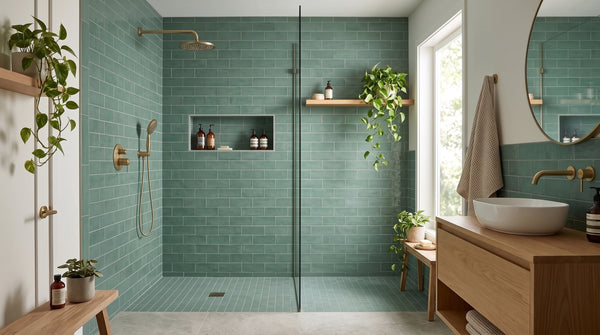 A modern bathroom interior with a walk-in shower featuring teal green subway tile walls and a clear glass door. A wooden vanity with a white vessel sink, brass faucet, and round mirror is visible on the right, along with plants and shelving.