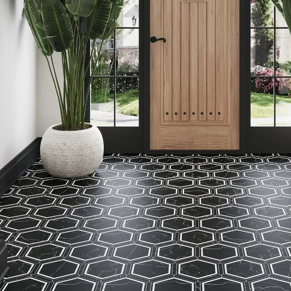 Black White 9x10 Matte Hexagon Porcelain Tile (18 pack, 8.07 sq ft/case)