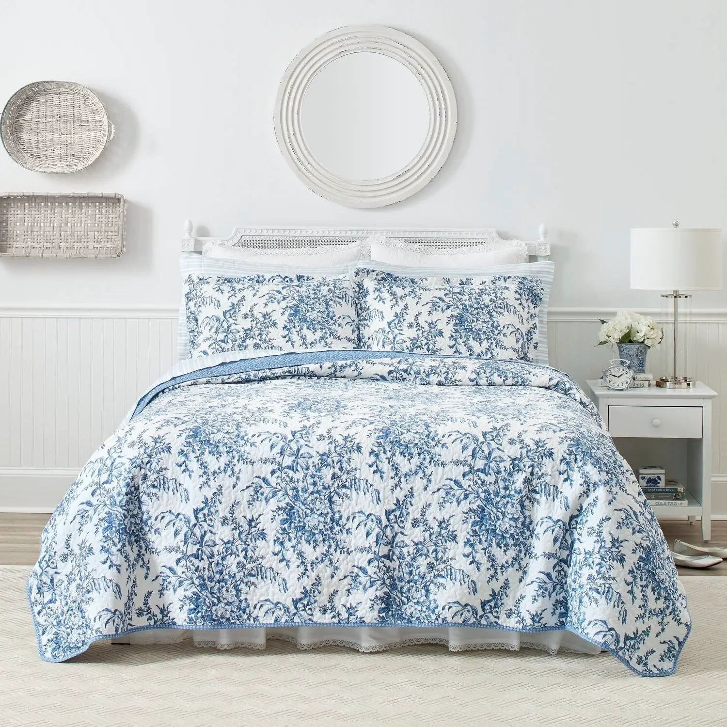 King size 3 Piece Bed-in-a-Bag Reversible Blue White Floral Cotton Quilt Set by HomePacific