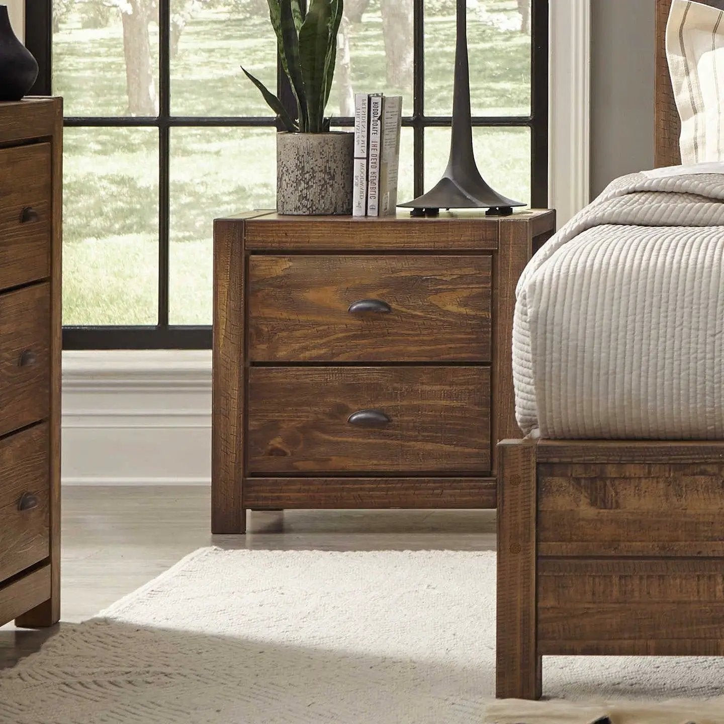 Farmhouse Style Solid Pine Wood 2-Drawer Nightstand Bedside Table in Walnut by HomePacific