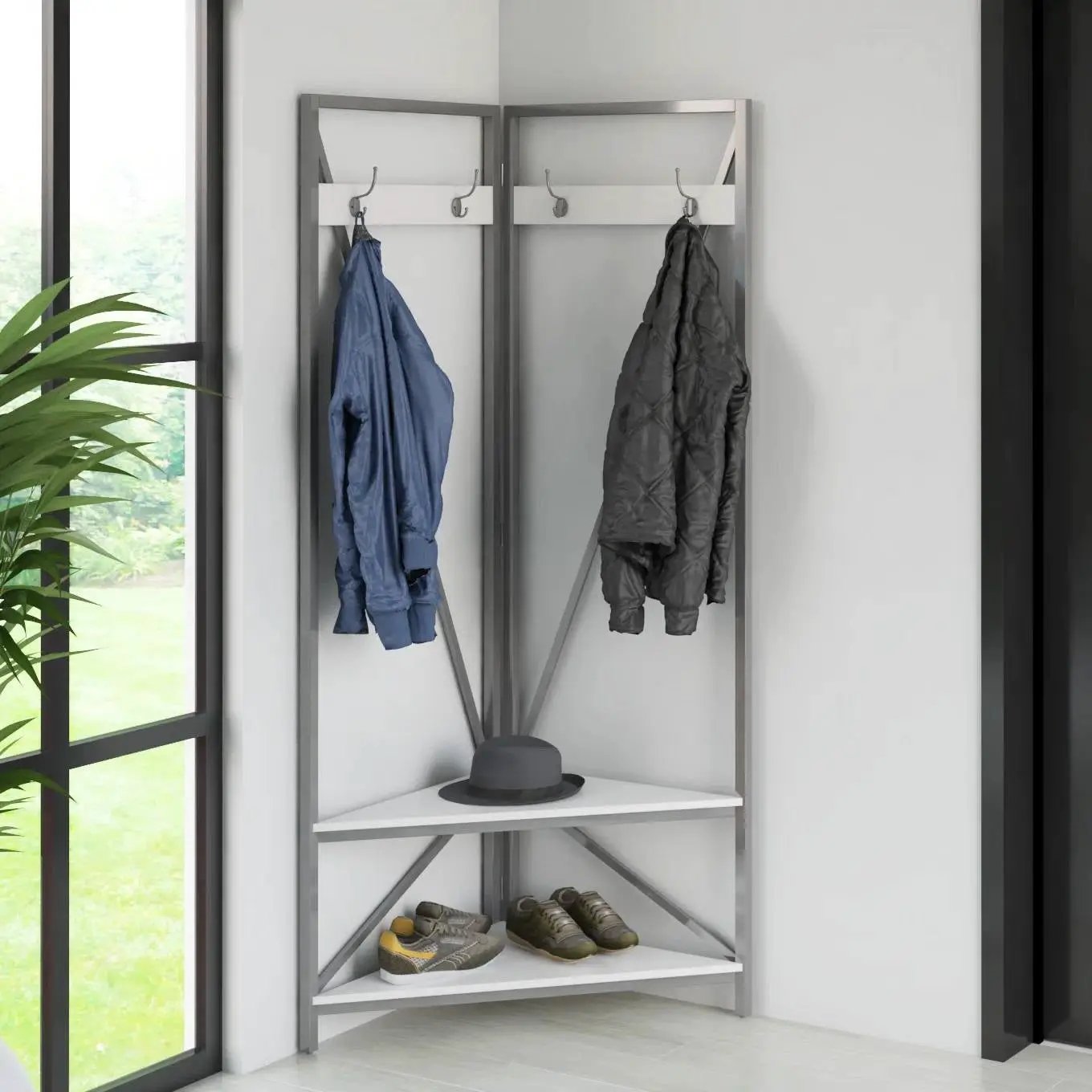 Modern Metal Hall Tree Coat Rack Shoe Storage Bench with White Seat and Shelf by HomePacific