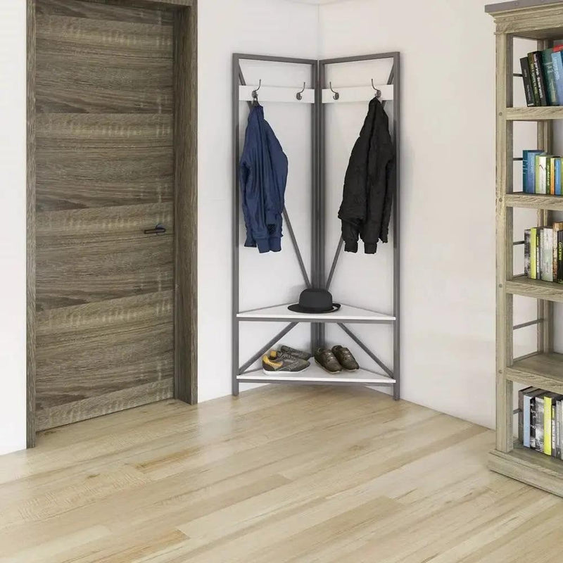 Modern Metal Hall Tree Coat Rack Shoe Storage Bench with White Seat and Shelf by HomePacific