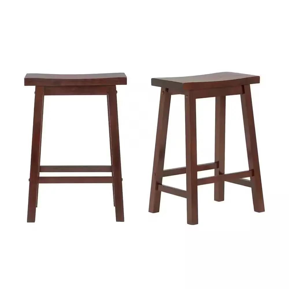 Set of 2 Farmhouse Counter Height Saddle Bar Stools in Brown Walnut Wood Finish by HomePacific