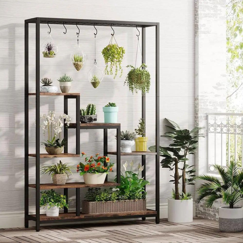 Modern Industrial Heavy Duty Metal Wood Plant Stand with 10 Hanging Hooks by HomePacific