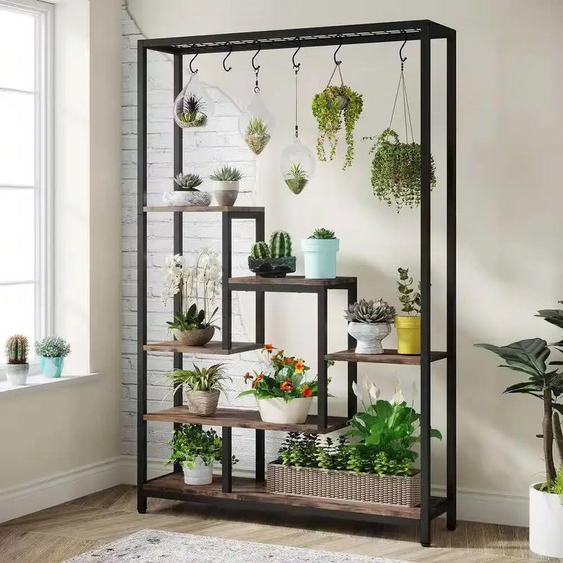 Modern Industrial Heavy Duty Metal Wood Plant Stand with 10 Hanging Hooks by HomePacific