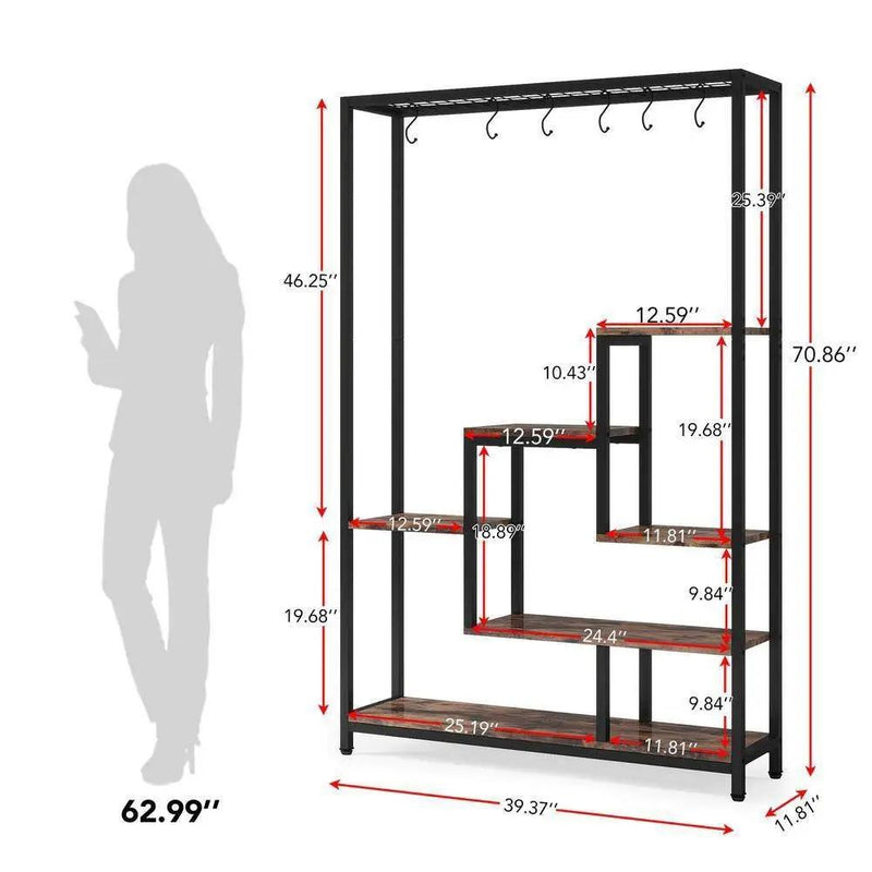 Modern Industrial Heavy Duty Metal Wood Plant Stand with 10 Hanging Hooks by HomePacific