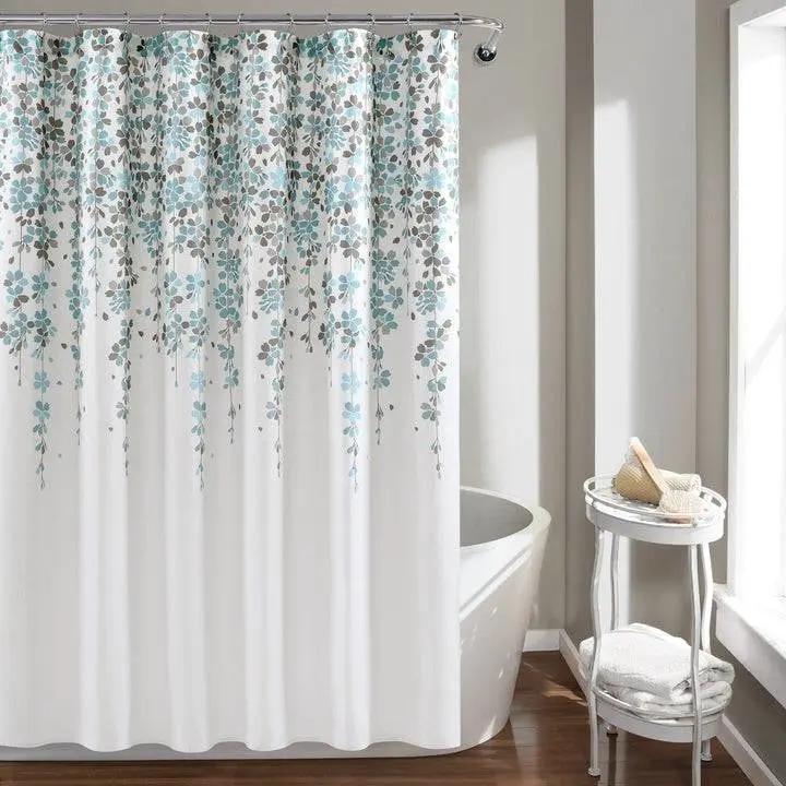 72-inch White Blue Grey Floral Flowers Shower Curtain by HomePacific