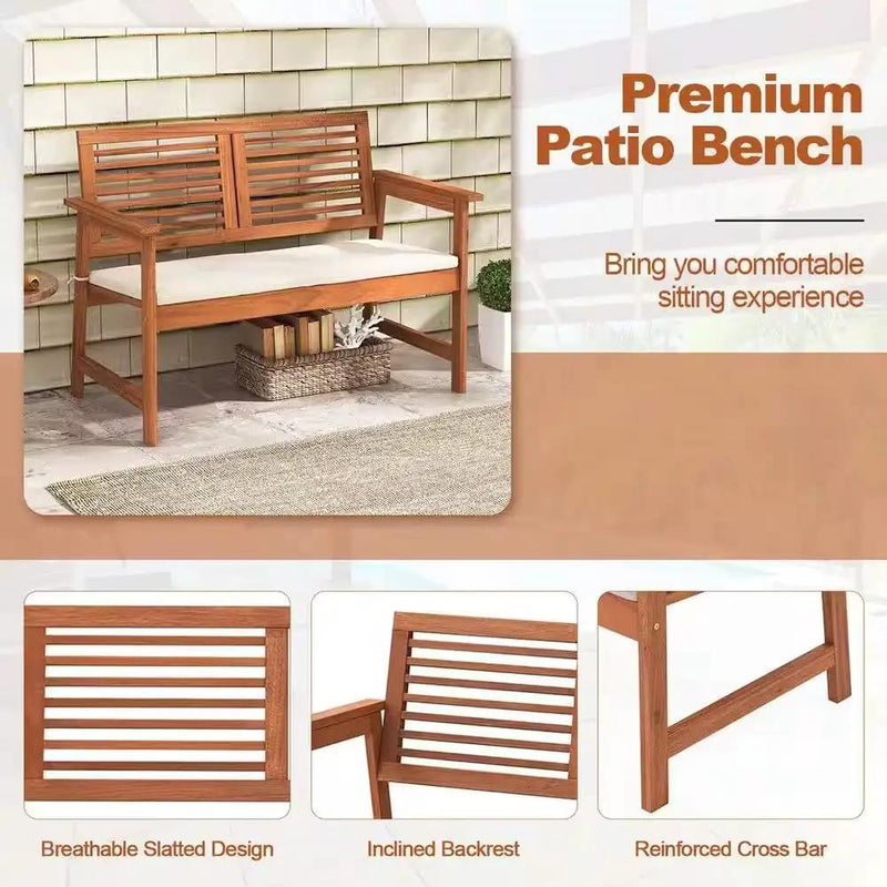 Solid Wood Outdoor Patio Garden Bench w/ Slatted Back Armrests and Seat Cushion by HomePacific