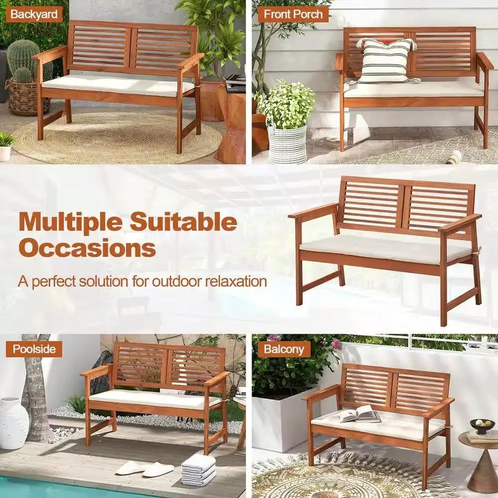 Solid Wood Outdoor Patio Garden Bench w/ Slatted Back Armrests and Seat Cushion by HomePacific