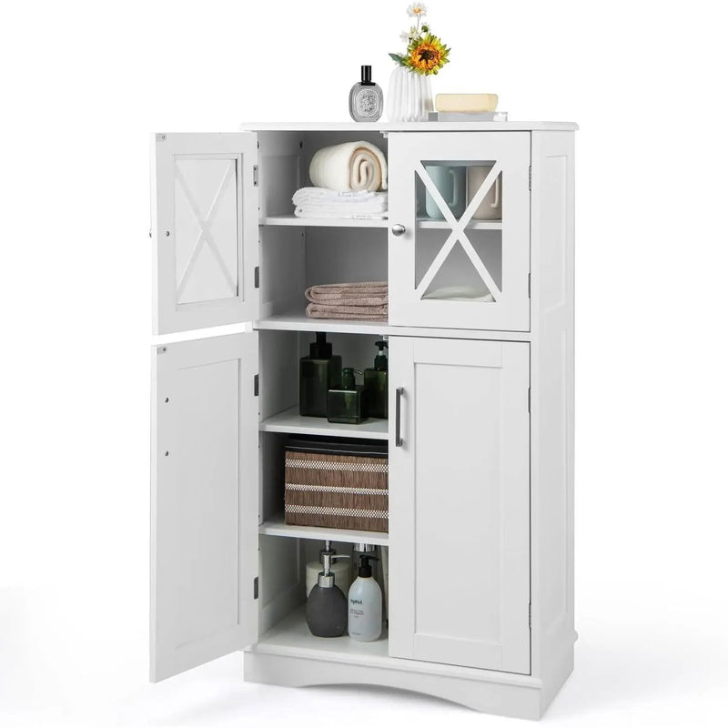 White Bathroom Towel Linen Cabinet with Glass Doors and Storage Shelves by HomePacific