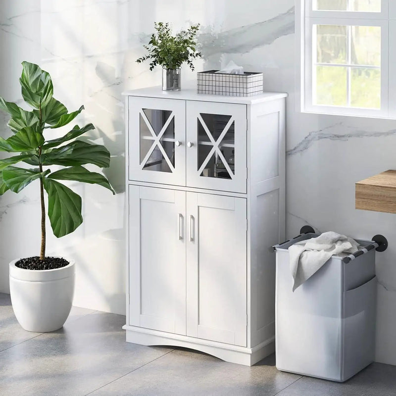 White Bathroom Towel Linen Cabinet with Glass Doors and Storage Shelves by HomePacific