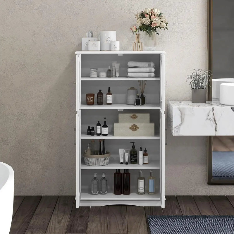 White Bathroom Towel Linen Cabinet with Glass Doors and Storage Shelves by HomePacific