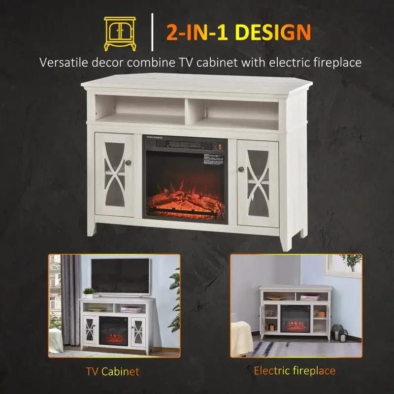 Rustic White Electric Fireplace Mantel TV Stand w/ Adjustable Shelves 2 Storage Cabinets by HomePacific