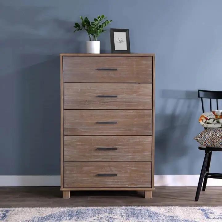 Modern Farmhouse Solid Wood 5 Drawer Bedroom Chest in Pine Finish by HomePacific