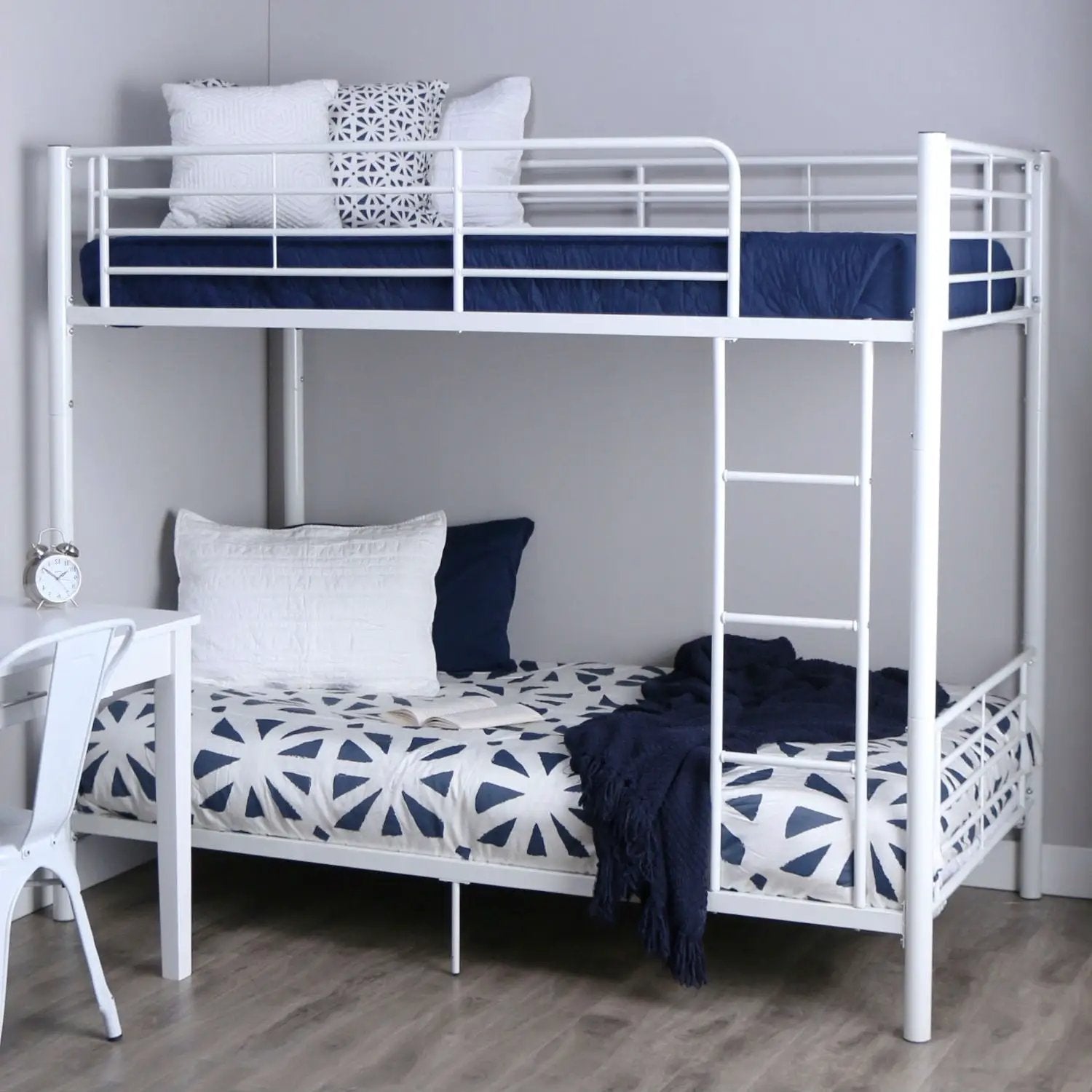Twin over Twin Sturdy Steel Metal Bunk Bed in White Finish by HomePacific