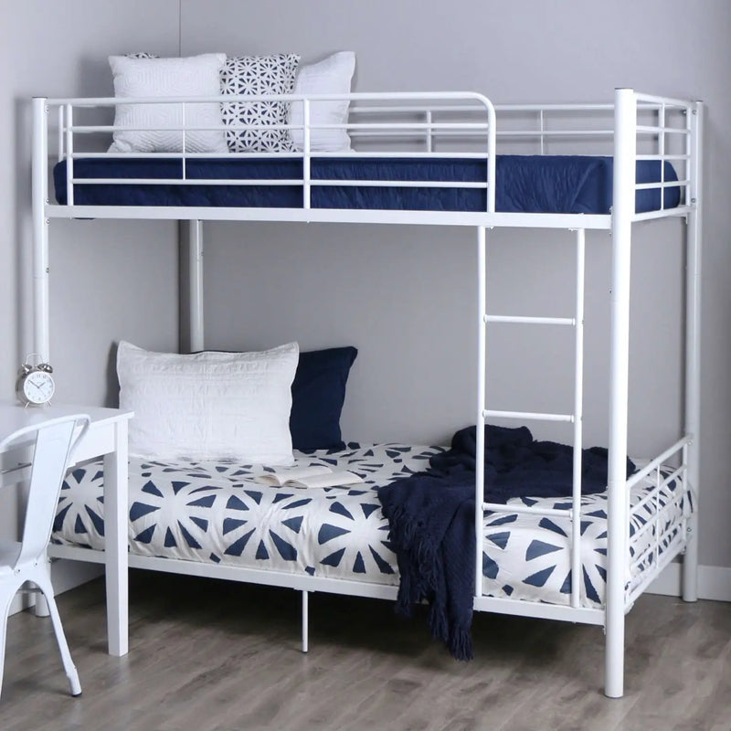 Twin over Twin Sturdy Steel Metal Bunk Bed in White Finish by HomePacific