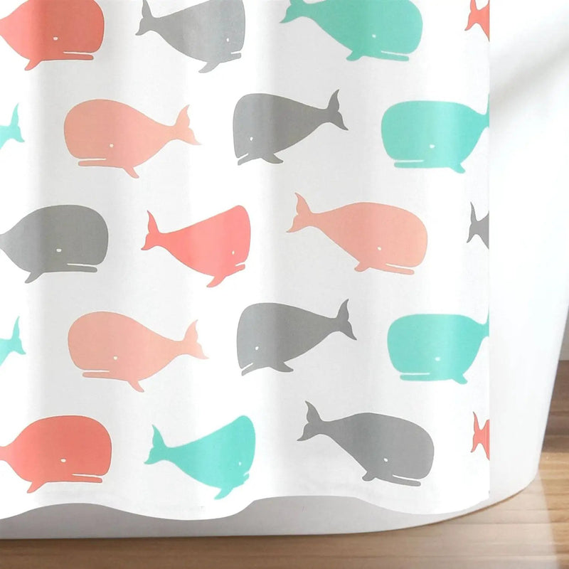 72-inch White Pink Aqua Blue Nautical Whales Polyester Shower Curtain by HomePacific