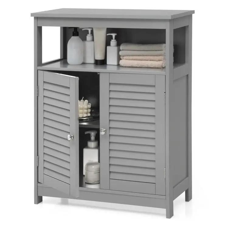 Grey Farmhouse Bathroom Linen Cabinet with Louvered Doors and Open Shelf by HomePacific
