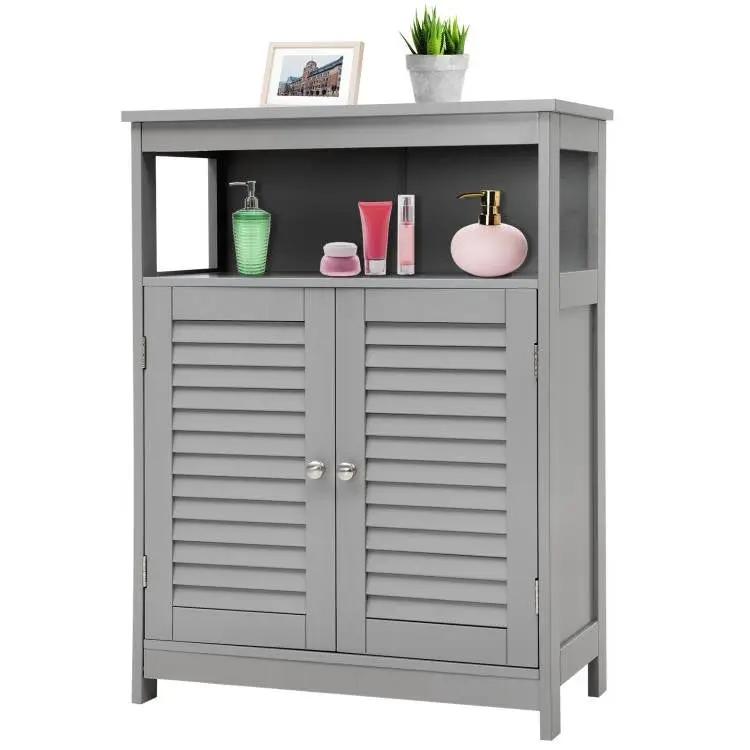 Grey Farmhouse Bathroom Linen Cabinet with Louvered Doors and Open Shelf by HomePacific