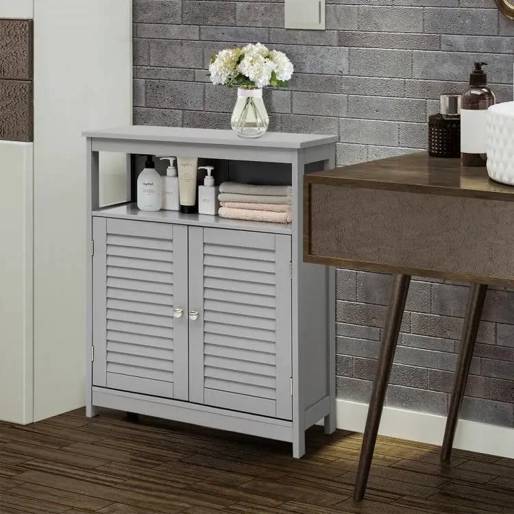 Grey Farmhouse Bathroom Linen Cabinet with Louvered Doors and Open Shelf by HomePacific