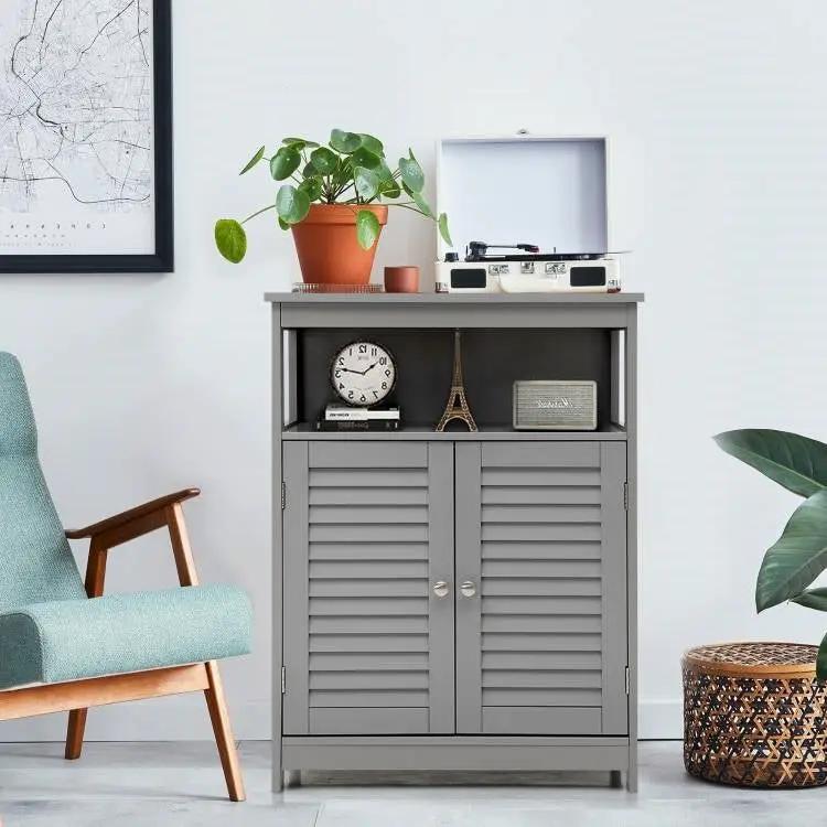 Grey Farmhouse Bathroom Linen Cabinet with Louvered Doors and Open Shelf by HomePacific