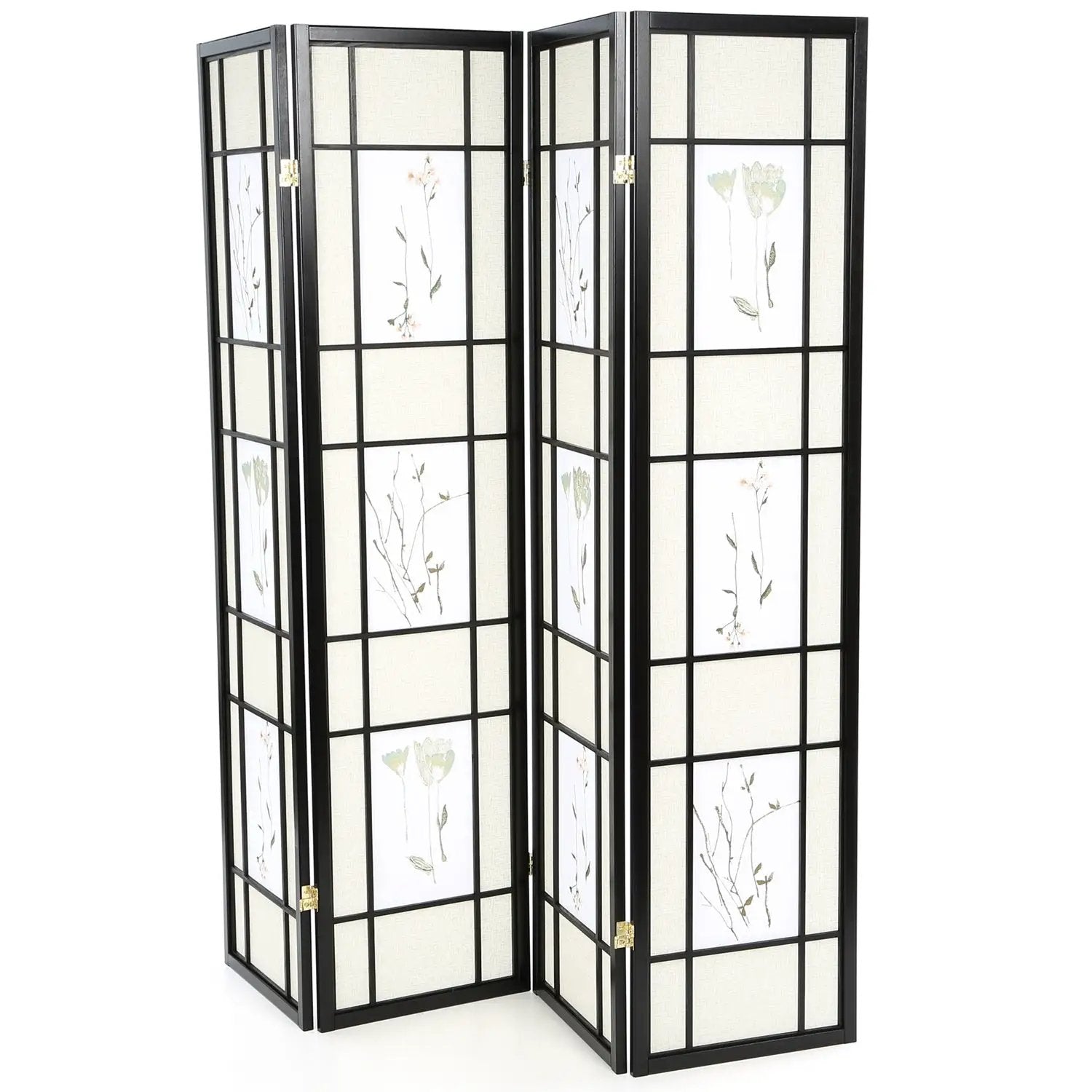 Black 4-Panel Room Divider Shoji Screen with Asian Floral Print by HomePacific