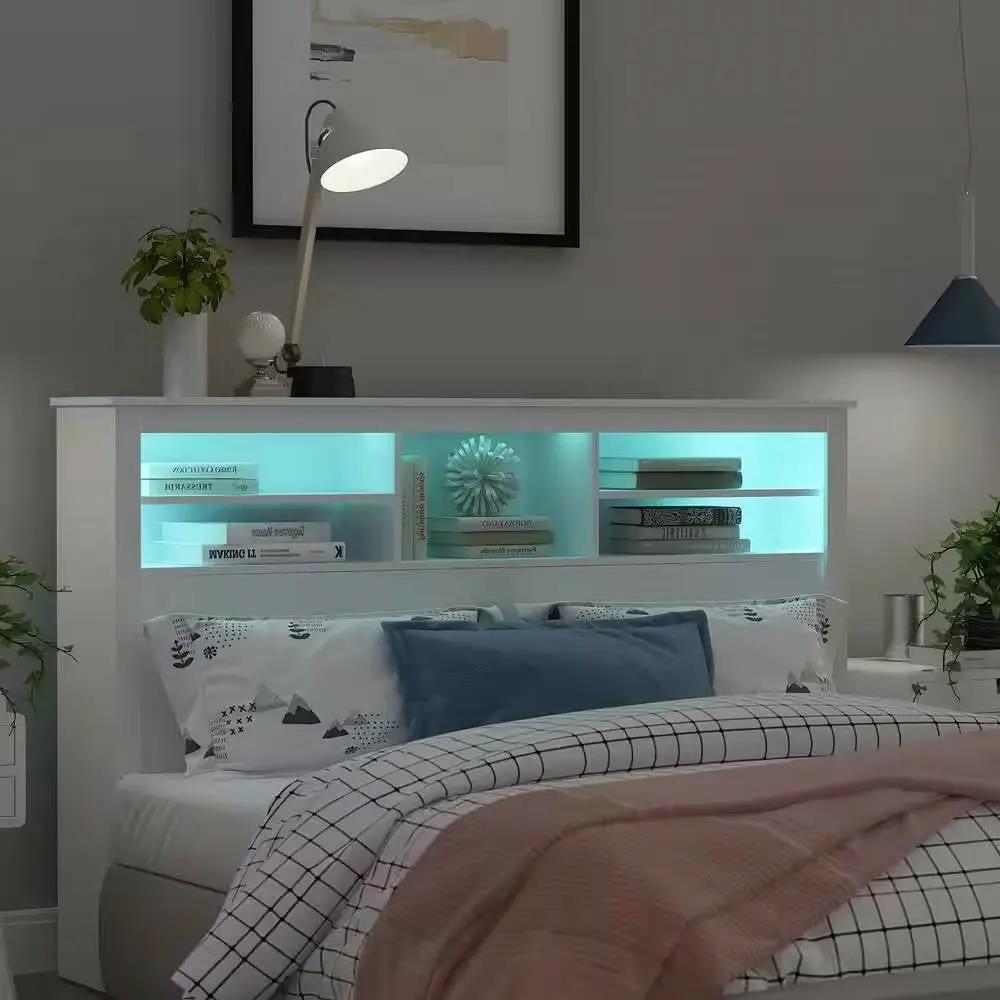 Full / Queen Modern Bookcase Headboard with LED Lights in White Wood Finish by HomePacific