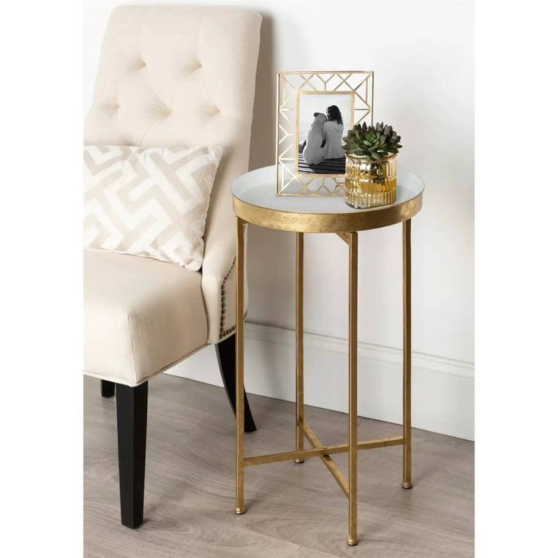 Gold Metal Round Nightstand End Table with Removable White Tray Top by HomePacific