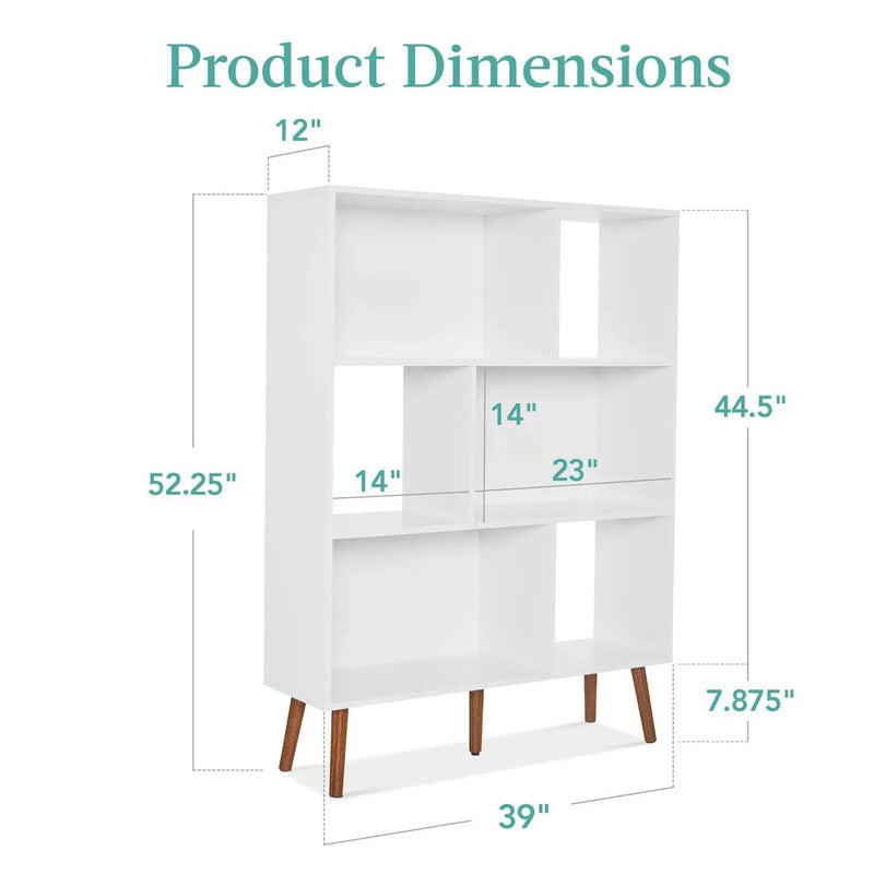 Mid Century Modern Style Bookcase Storage Shelving Unit in White Wood Finish by HomePacific
