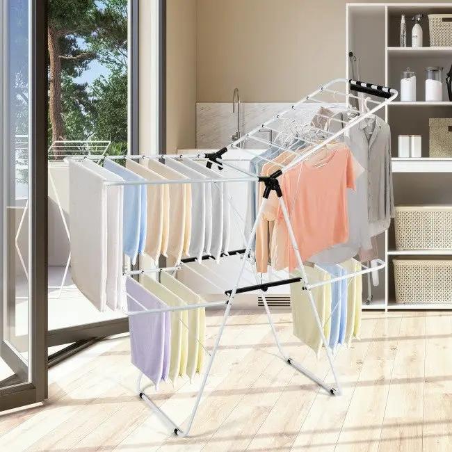 White 2 Level Foldable Clothes Drying Rack Adjustable Height by HomePacific