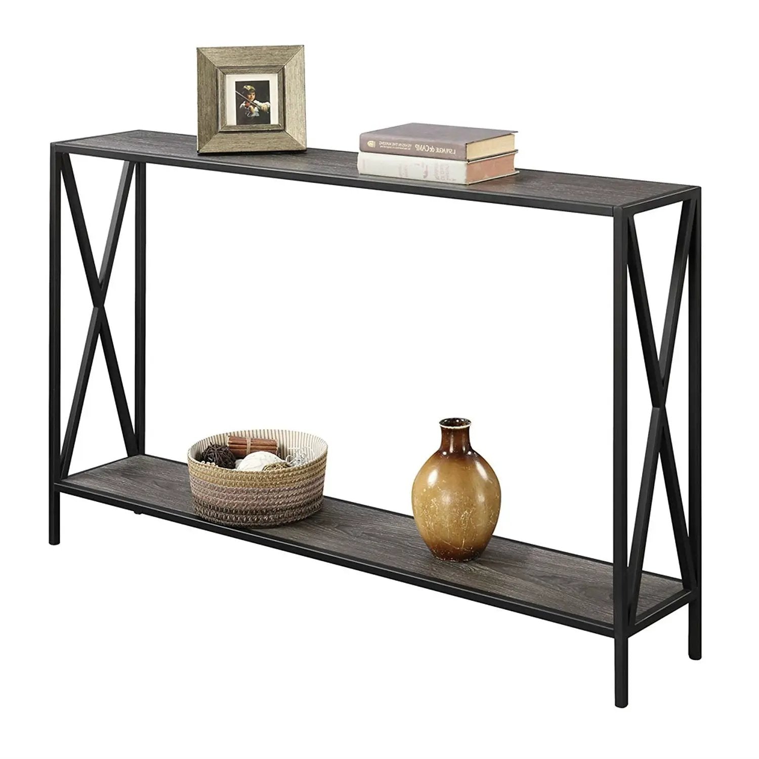 Weathered Grey Wood Console Sofa Table with Bottom Shelf and Metal Frame by HomePacific