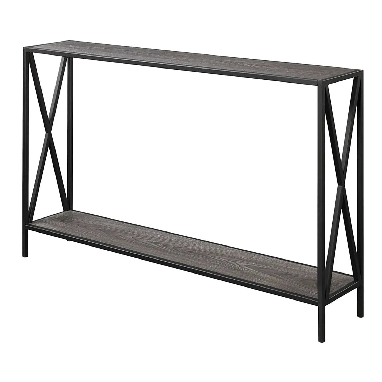 Weathered Grey Wood Console Sofa Table with Bottom Shelf and Metal Frame by HomePacific