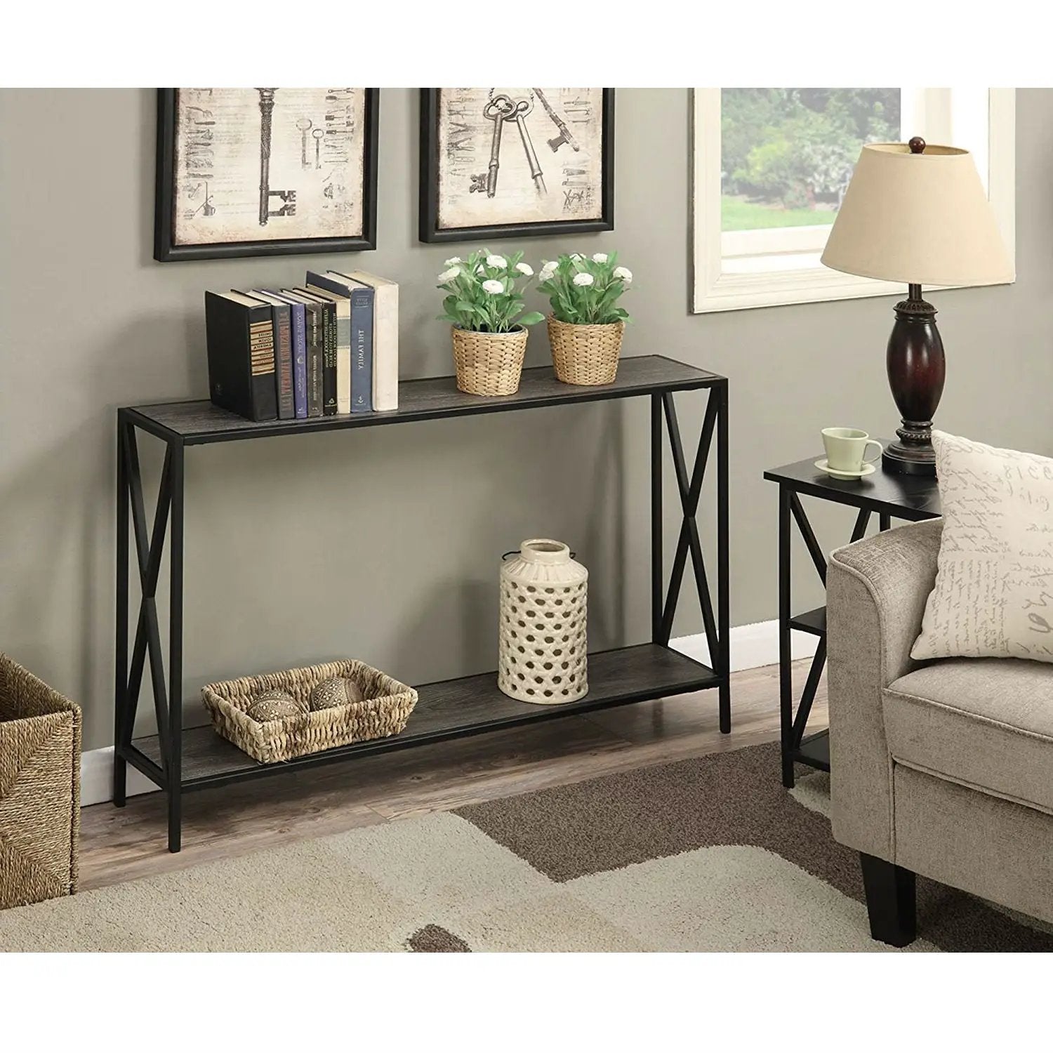 Weathered Grey Wood Console Sofa Table with Bottom Shelf and Metal Frame by HomePacific