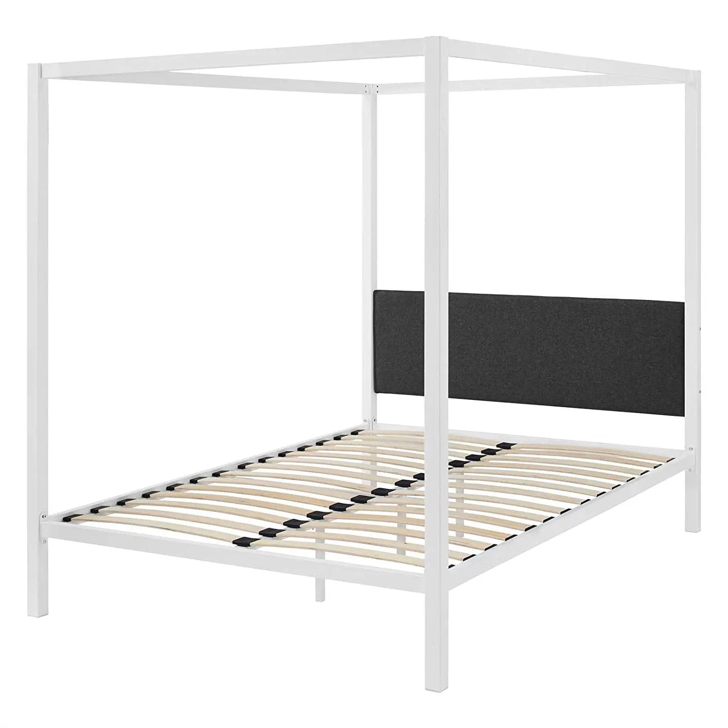 Queen size White Metal Canopy Bed Frame with Grey Fabric Upholstered Headboard by HomePacific