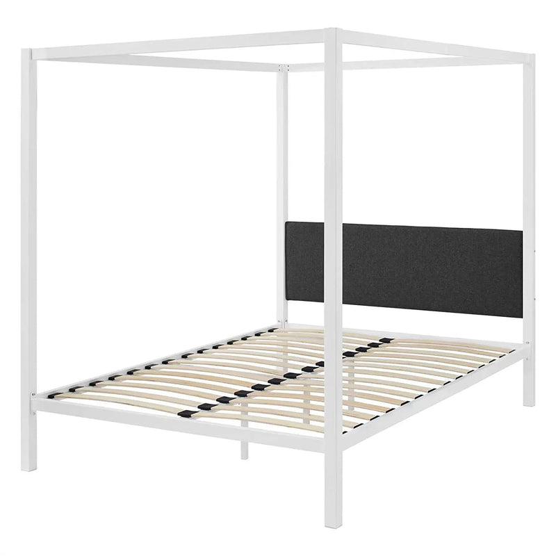 Queen size White Metal Canopy Bed Frame with Grey Fabric Upholstered Headboard by HomePacific