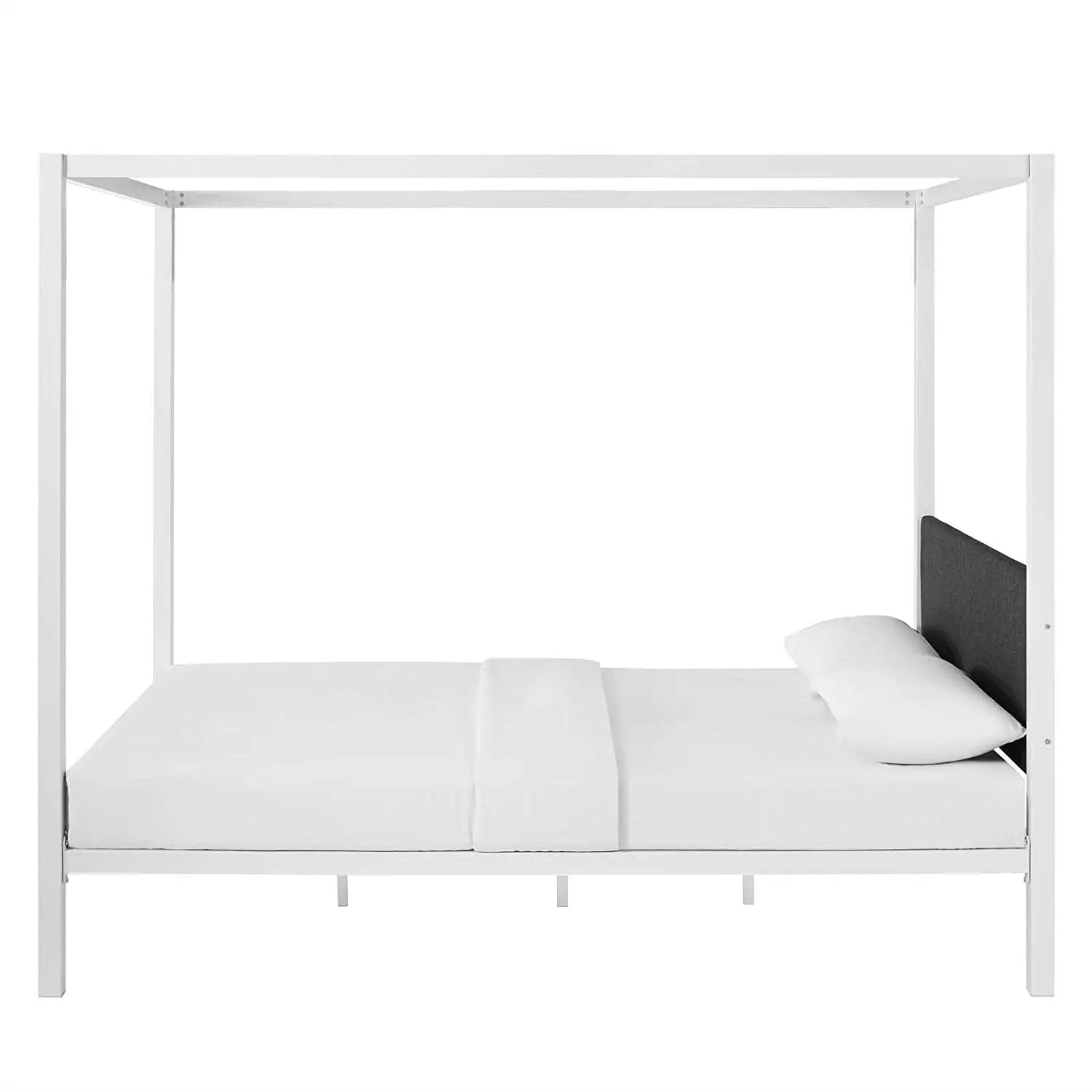 Queen size White Metal Canopy Bed Frame with Grey Fabric Upholstered Headboard by HomePacific