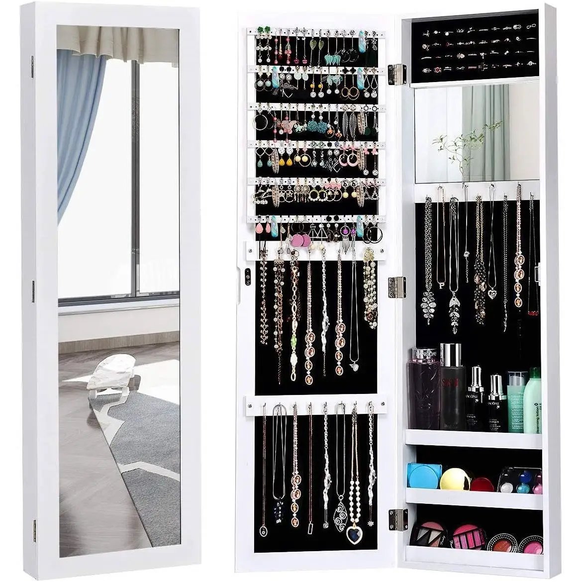 2-in-1 Wall or Door Mounted Jewelry Organizer Full Length Mirror in White by HomePacific