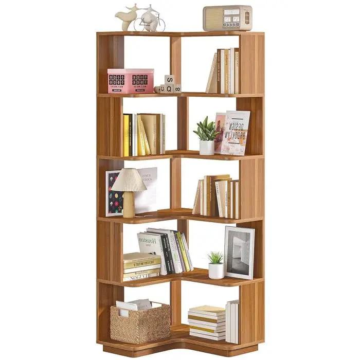 Multifunctional 6 Shelf Corner L-Shaped Bookcase in Brown Wood Finish by HomePacific