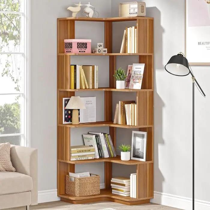 Multifunctional 6 Shelf Corner L-Shaped Bookcase in Brown Wood Finish by HomePacific