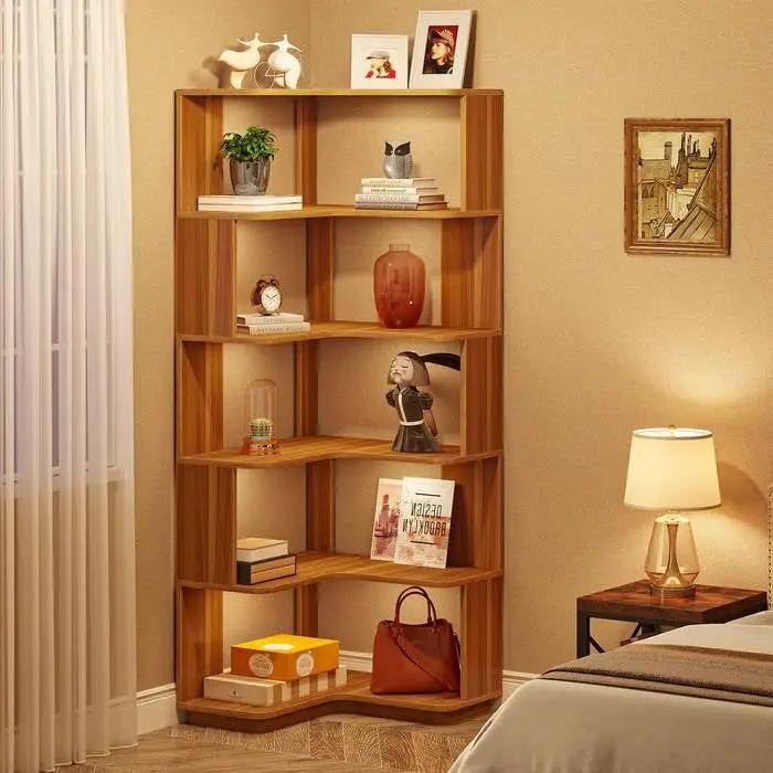 Multifunctional 6 Shelf Corner L-Shaped Bookcase in Brown Wood Finish by HomePacific