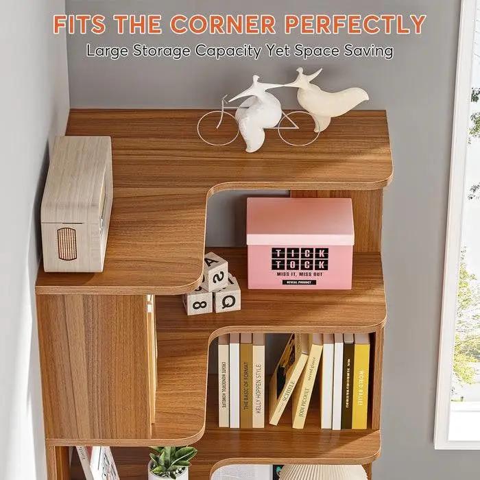 Multifunctional 6 Shelf Corner L-Shaped Bookcase in Brown Wood Finish by HomePacific